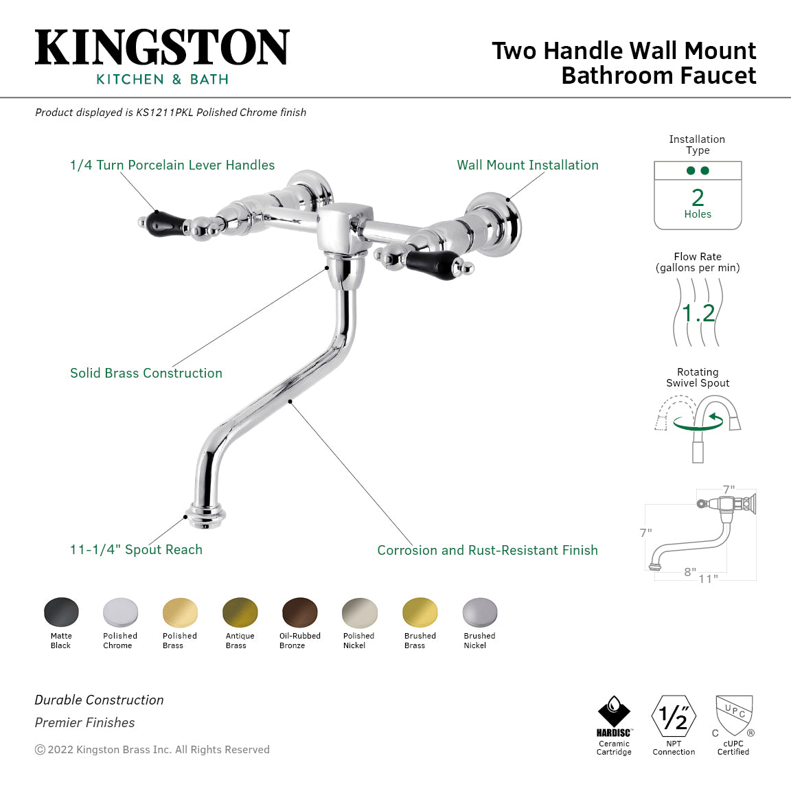 Kingston Heirloom KS1218PKL - Duchess Double-Handle 2-Hole Wall Mount Bathroom Faucet, Brushed Nickel — thumbnail 3